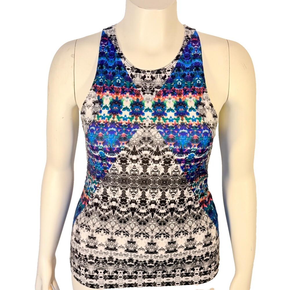 Prana Workout Top Tank Womens M Racerback High Neck Abstract Mixed Print